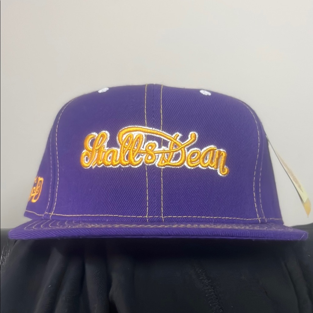 Purple and Yellow Baseball Cap with Embroidered Text and Flat Brim